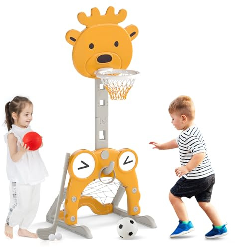 GOPLUS 4 en 1 Panier de Basket Enfant, Réglable en 81-111 CM avec But de Foot, Jeu d'Anneaux, Golf, Panier Basket Bebe avec Base Remplissable pour Garçons/Filles 3+ Ans (Girafe Jaune)
