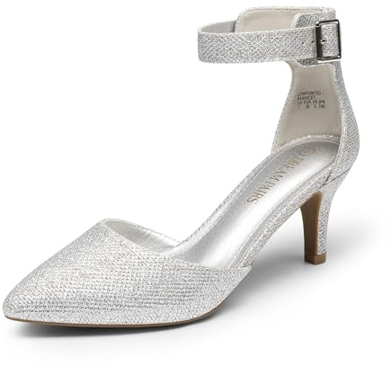 DREAM PAIRS Womens Court Shoes Pointed Toe Low Kitten Heel Ladies Pumps Ankle Strap Dress Sandals,Size 6.5,Silver/Glitter,LOWPOINTED