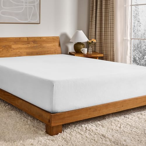 Bare Home Flannel Fitted Bottom Sheet 100% Cotton, Velvety Soft Heavyweight - Double Brushed Flannel - Deep Pocket (Queen, White)