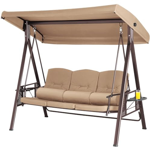 Bakaji Dondolo Da Giardino 3 Posti con 3 Cuscini Tetto Parasole Regolabile e Vassoi Pieghevoli Struttura in Metallo Seduta in Tessuto con Maxi Imbottitura 8cm (Marrone)
