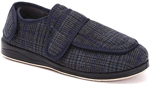 Pavers Men's Adjustable Memory Foam Slippers in Navy Multi - Extra Wide Fit - Antibacterial Technology with Touch Fasten Strap - Size UK 9 / EU 42