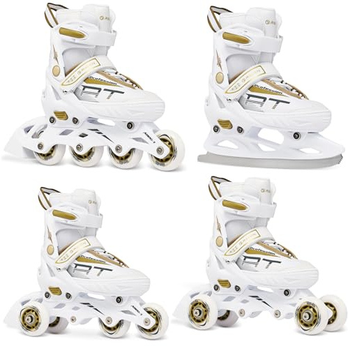 RAVEN Profession 4in1 Inline Skates Pattini in linea Triskates Pattini a rotelle/da ghiaccio per bambini e adulti regolabili (White/Gold, 38-42(25cm-27,5cm))
