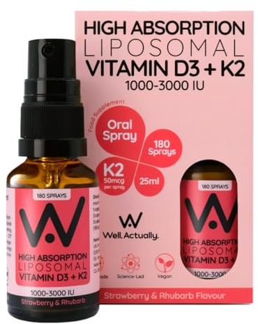 WELL ACTUALLY Liposomal Vitamin D3 2000 IU + K2 MK-7 100mcg Oral Spray - Vegan VIT D3 K2 Supplement - Immune, Bone & Muscle Support - 180 Sprays | Strawberry & Rhubarb
