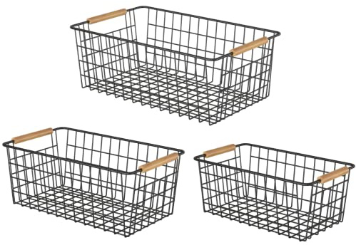 YOUVIP Wire Storage Baskets with Wooden Handles, 3 Pack Metal Organizer Baskets for Kitchen, Pantry, Freezer, Laundry,Farmhouse,Bathroom Baskets for Organizing,Black (1 Small, 1 Medium, 1 Large)