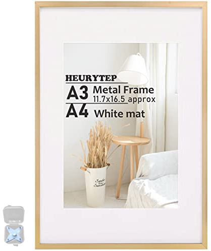 HEURYTEP A3 Picture Frame, 11.7 x 16.5 inch Metal Frame with A4 Mat, Aluminum Alloy A3 Picture Frame with High Definition Plexiglass, Horizontal or Vertical Wall Gallery Metal Poster Frames, Table Top Display or Wall Mounting, Twilight Gold 1pc