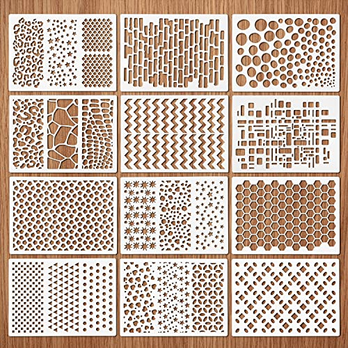 12 Stück Schablonen Malen Set, Kreativ Muster Zeichnung Malschablonen DIY Schablone Wiederverwendbar Kunststoff künstlerbedarf Vorlagen für Holz Boden Möbel Wandgestaltung Scrapbooking Handwerk Deko