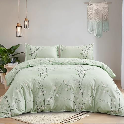 Green Bedding Set Floral Plum Duvet Cover Set Soft Microfiber Botanical Branch Duvet Cover,2 Pillowcases and Zipper Closure,Double Size 200x200 cm