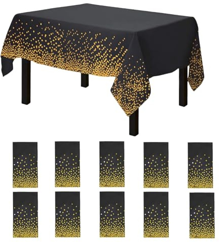 CEILIWEN Set di 10 tovaglie usa e getta nere e dorate - Decorazione da tavola per feste - 274 x 137 cm - Nero e dorato
