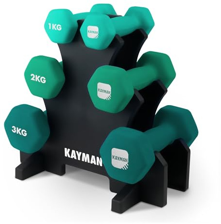 KAYMAN Neoprene Dumbbells Set with Stand - Anti-Slip Grip, Water-Resistant Coating – Weights Dumbbells Set for Strength, Training, and Workouts (Green 12Kg Set (1Kg, 2Kg, 3Kg))