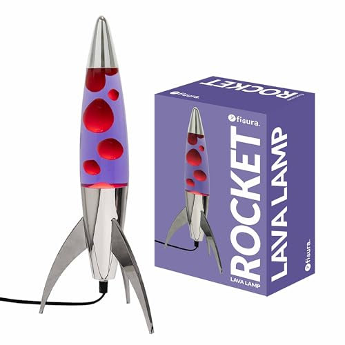 Fisura – Lila Lavalampe Rocket mit schwarzem Sockel, violetter Flüssigkeit und weißem Wachs. Retro-Lavalampe mit Ersatzbirne, ideal für Wohnzimmer, Schlafzimmer und Büro. Maße: 20 x 20 x 45 cm.
