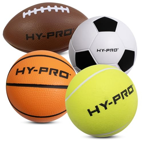 Hy-Pro Foam Ball Set - Small Foam Balls, Soft, 4 Pack, Football, Americall Football, Basketball, Tennis Ball, Lightweight, Great Gift Idea, Great For Kids