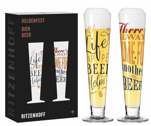 RITZENHOFF 6271002 Bier-Glas 330 ml - 2er Set - Serie Heldenfest - mit Spruch, mehrfarbig - Made in Germany