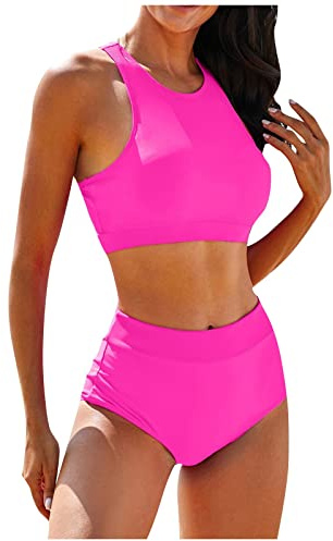 Maillot De Bain Femme 2 Pieces Shorty Push Up Ronde Bikini Femme 2 Pieces Menstruel Vintage Piscine Ensembles Taille Haute Sport Tanga Haut Swimsuit Mes Commandes(Rose Vif,M)