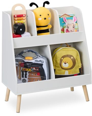 Relaxdays Kinderregal, HxBxT: 66 x 60 x 30 cm, 5 Fächer, MDF, Holzbeine, Aufbewahrungsregal Kinderzimmer, weiß/Natur