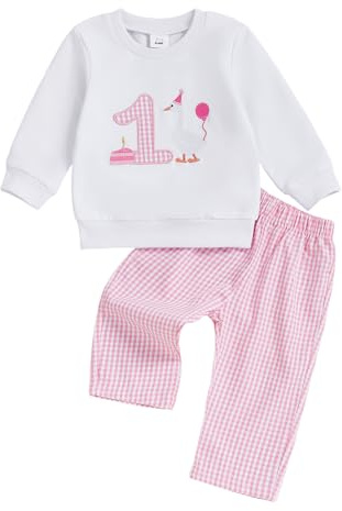 MAHUAOYIXI Toddler Baby Boy Girl First Birthday Outfit Long Sleeve Number Goose/Balloons Embroidered Sweatshirts and Plaid Pants 2Pcs 1st First Birthday Clothes for Little Boys (Pink, 12-18 Months)
