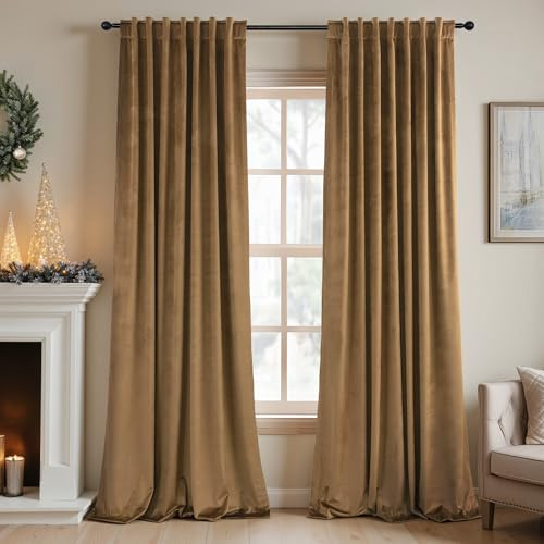 Velvet Curtains 84 Inch Length 2 Panels Set Gold Brown Light Blocking Thermal Insulated Room Darkening Window Drapes Soft Luxury Curtain for Living Room Bedroom Back Tab Pleated Pocket 7ft Long Golden