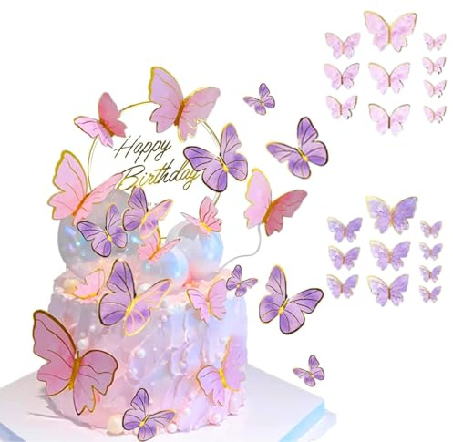 21 Pièces Topper de Gâteau Papillon, Décoration de Cupcake pour Anniversaire, Mariage, Baby Shower (Violet + Rose),Décorations Festives Élégantes pour Gâteaux, Desserts et Événements Spéciaux