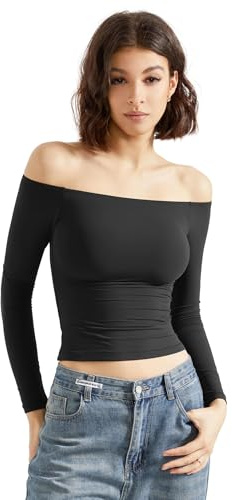 SUUKSESS Women Off Shoulder Double Lined Long Sleeve Shirts Basic Going Out Tops Black