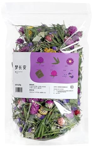 Hamster naturligt foder, hamster höblomma bäddmaterial mjukt, 100 g påse med fiberrika torkade blomgodis för holistiska inhägnader, naturliga husdjurstillbehör sprayer habitatdekor för chinchillor och