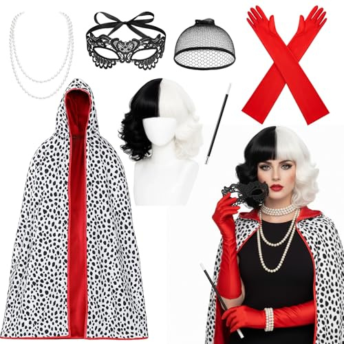 GxouQcn Dalmatian Costume, 8 Piece Adult Women's Carnival Outfit with Wig and Accessories for Themed Villain Dress Up, World Book Day Events