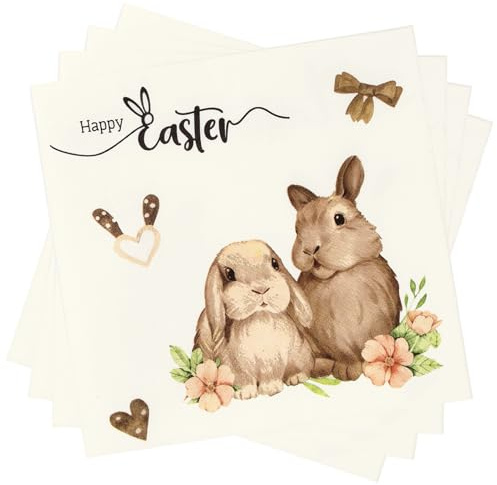 40 serviettes de Pâques ornées de jolis lapins et de fleurs, serviettes de Pâques 3 plis, motif lapin, style rétro, 33 × 33 cm, serviette en papier, décoration de table printanière,décoration paques