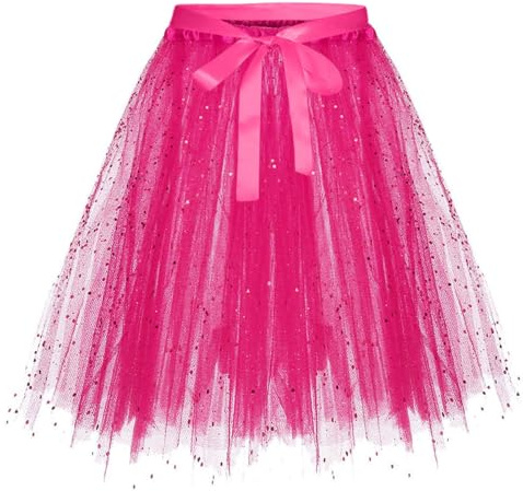 Kjol dam festlig, glitter tyllkjol dam stjärnpaljetter dansklänning balett underkjol ledig karneval kostym tutu karnevalskjol glänsande tyllkjolar rosa midikjol elegant danskjol, Het rosa, A