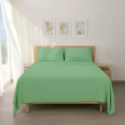 H HANSEL HOME Juego de Sábanas de Microfibra Cepillada, Sábana Bajera Ajustable Altura 30 cm, Encimera y Fundas de Almohada, para Cama 135cm, 4 Piezas 135x190/200cm - Verde Claro
