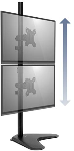 Mount-It! Vertical Dual Monitor Stand, Freestanding Stacked Monitor Mount for 2 Screens 17–32, Height Adjustable, Tilt Swivel Rotate, Portrait or Landscape, Holds 17.6 lbs per Arm, No Desk Clamp Needed