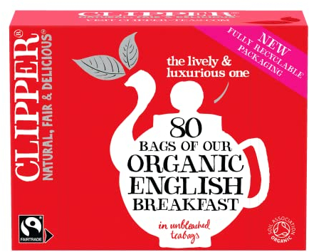 Clipper Fairtrade Organic English Breakfast Tea Bags | Black Tea Bags | Natural, Unbleached, Plant-Based Biodegradable & Sustainable Teabags | Eco Conscious, Non GM & Fair Trade Tea (80 Teabags)