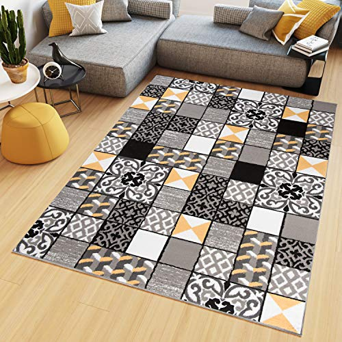 TAPISO Maya Teppich Wohnzimmer Kurzflor Gelb Grau Weiß Schwarz Geometrisch Modern Mosaik Karo Floral Streifen Schlafzimmer ÖKOTEX 130 x 190 cm