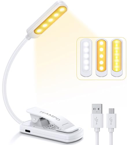 TEAMPD 10 luces LED para libros, 3 colores que protegen los ojos, brillo ajustable, batería recargable por USB de 12 horas, luz flexible de clip para leer, pintar, viajar, regalo para niños