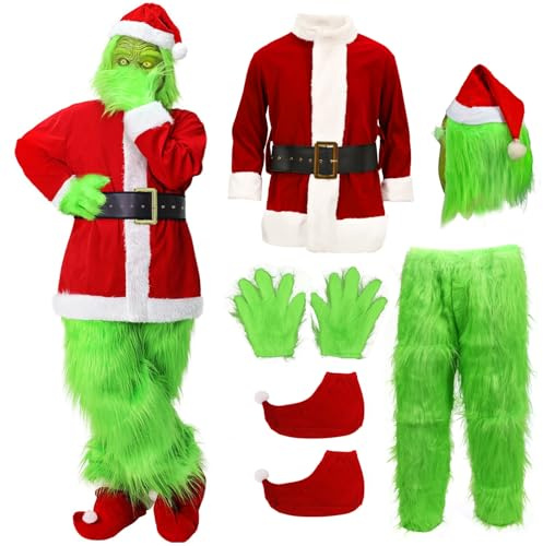 SINSEN Costume de Père Noël pour adulte - 7 pièces - Vert - Grand monstre - Costume de Père Noël pour adulte - Cosplay de luxe - Tenue de Père Noël