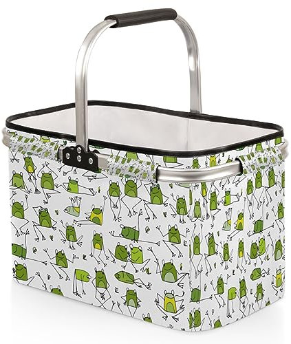 Faltbarer Marktkorb mit lustigem Frosch-Muster, tragbarer Einkaufskorb, großer Wäschekorb, strapazierfähig, für Camping, Lebensmittel, mit Griffen, faltbarer Picknickkorb für Reisen, Einkaufen, Strand