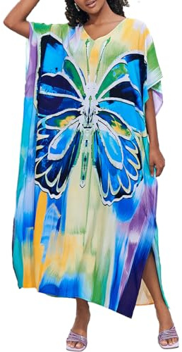 Bsubseach Robes Kaftan Pour Femmes Papillon Imprimé Plage Couvrir Robe Batwing Manches Longues Caftans Bleu