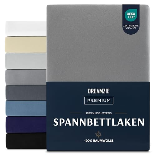 Dreamzie Premium Spannbettlaken 160x200 cm, Spannbetttuch für Dicke Matratzen bis zu 27 cm, Bettlaken 100% Jersey Baumwolle, 150 g/m², Oeko-TEX Zertifiziert - Anthrazit