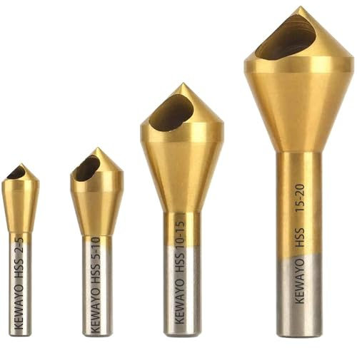 KEWAYO 4tlg HSS Kegelsenker Entgratsenker, 90° Titanium Beschichtet Senker Entgrater Entgratwerkzeug Bohrer Set für Holz, Metall, Eisen, Kunststoff, Aluminium (set 1)