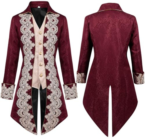 AGYMNX Abbigliamento gotico Uomo Steampunk Frack Cappotto Vintage Vittoriano Gotico Frack Medievale Rinascimento Giacca Cosplay Halloween Costume Cortile Ricamo Cappotto, Pizzo Rosso, M