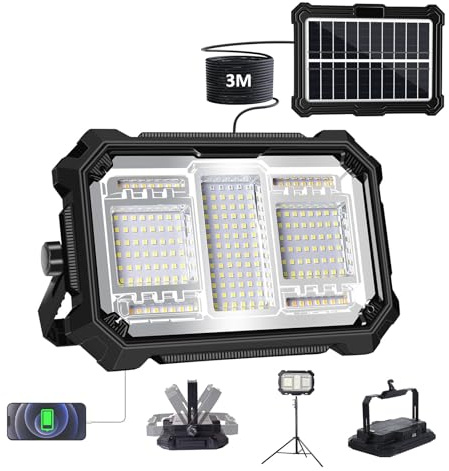 MASMEJOR Projecteur LED Rechargeable, Projecteur LED Batterie avec Panneau Solaire Indépendant, Câble 3M, 10000mAh, 5 Modes d'éclairage, Base magnétique, Lampe de Travail Idéal pour Camping, Travail