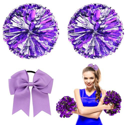 Wondora 2 Stück Cheerleader Pompons red Pompons Cheerleader, Pompoms Cheerleading, mit Große Cheer Schleife, Geeignet für Sportwettbewerbe Teamgeist, Cheerleading Kinder Erwachsene (lila)