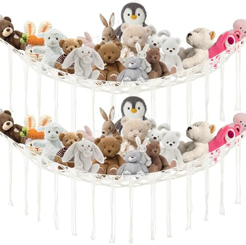 2 stück Kuscheltier Aufbewahrung Netz, Boho Makramee stofftier Hängematte Hängend Tasche, Spielzeug Hängend Organizer für Kinderzimmer, Schlafzimmer