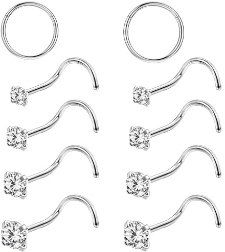 agogue 10 piezas de piercing para la nariz, anillo nasal de plata, piercing para la nariz con zirconia, adecuado para mujeres y hombres