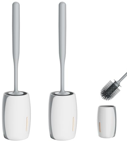 Spazzolino da WC in Silicone Maxuni, Set da 2 con Supporto Autoadesivo – Senza Fori, Montaggio a Parete o a Pavimento, Spazzola per WC Antibatterica con Manico Lungo, Kit Pulizia Bagno