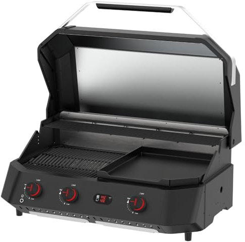 Cozze® G-800 COMBO Plancha-Grill – 3-Brenner Gasgrill mit Grillplatte – 50 mbar – Outdoor Grill mit 9,5 kW Leistung & digitalem Thermometer – inkl. Druckregler & Warmhalterost