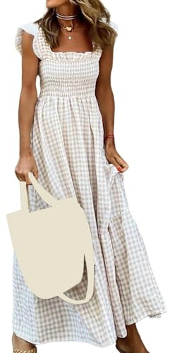 Retro rutiga smockade klänningar för kvinnor 2025 sommar ledig ärmlös rem fyrkantig hals boho semester blommig volang fåll maxiklänning