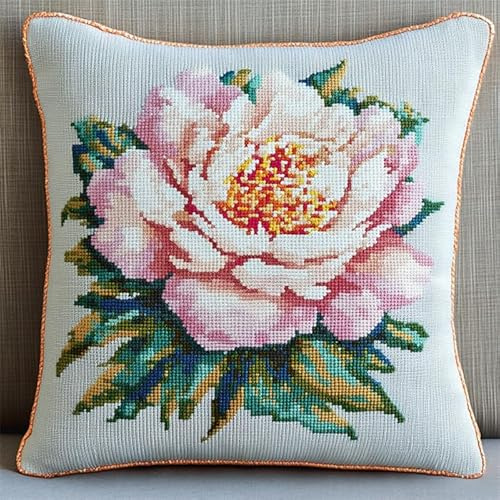 XDEGHUANGSS Gancio di chiusura per cuscino fai da te Ricamo con cuscino per gancio artigianale con tela stampata a motivo 17X17-Fiori di peonia bianchi