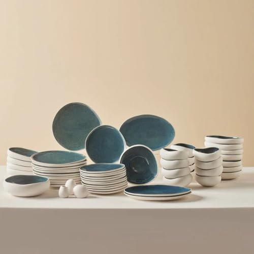 Karaca Oscar 55-Piece Stoneware Dinner Set for 12 People, Multicolor Plates and Bowls Set, Dishwasher & Freezer Safe, Complete Dinnerware Earth Collection New Galactic Reactive Glaze Finish