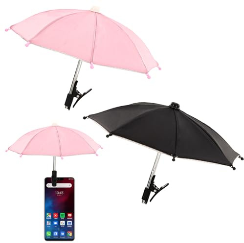 2 PCS Phone Umbrella for Sun, Mini Umbrella for Phone with Clip Bracket, Used to Shade The Device and Prevent Dizziness, Suitable for Beach, Pool, Outdoor (Black + Pink)