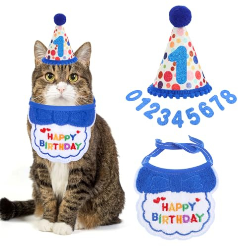 YUXIANLB Suministros de fiesta de cumpleaños para gatos, niñas, gatos, gatitos, bandana para gatos, sombrero de cumpleaños con números, babero de cumpleaños para mascotas, trajes para gatos y gatitos