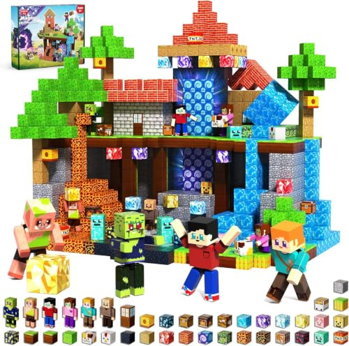 Magnetic Blocks with 6 Magnetic Action Figures - 210PCS Magnets Building Blocks Cubes, Stacking Tiles STEM Montessori Sensory Toys for Kids Boys Girls Ages 3 4 5 6 7 8 9 10 Birthday Gifts