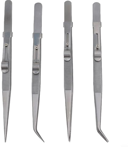 Juego de 4 pinzas para joyería, pinzas de precisión de acero inoxidable de 16 cm con puntas ranuradas y puntiagudas, agarre antideslizante para manualidades, bricolaje, electrónica y uso en